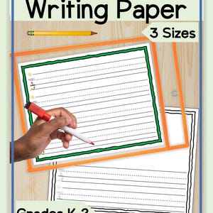 Może przedstawiać: Papier do pisania dla klas K-2, z opcjami linii podstawowych i czarno-białych. Obrazek przedstawia dłoń trzymającą czerwony marker nad papierem. Papier jest w pomarańczowej ramce z zieloną obwódką.