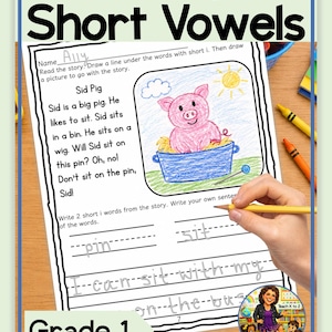Può includere: Una scheda didattica stampabile intitolata 15 Decodable Passages Short Vowels Grade 1. La pagina presenta una storia su Sid Pig, un disegno di un maiale rosa in un contenitore blu e linee di scrittura con le parole pin e sit scritte in grigio.
