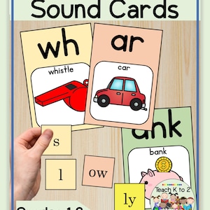 May include: Educational sound cards with illustrations and text. The cards feature words like "whistle," "car," and "bank," along with corresponding images. Additional cards with letters and letter combinations are also present. The text "Keyword & Picture Sound Cards" and "Grades 1-2" are visible.