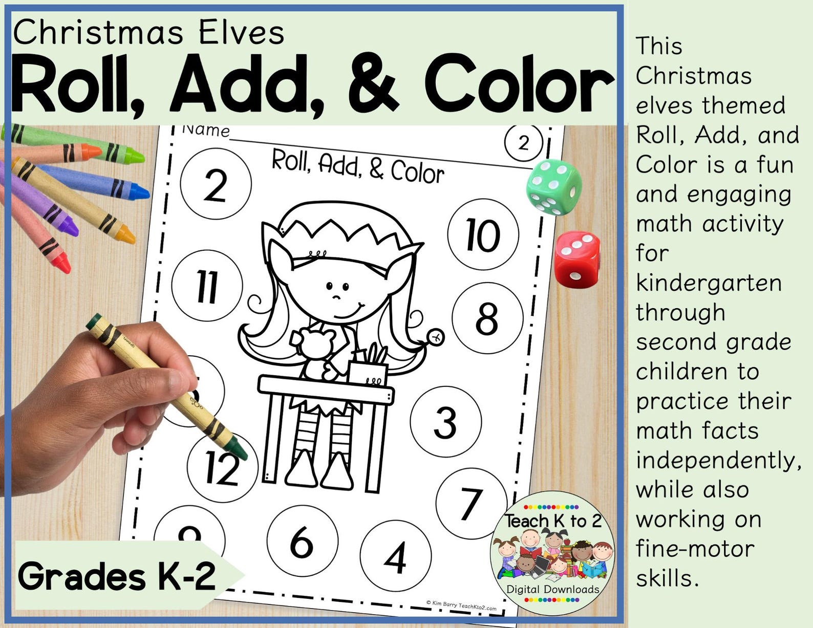Roll, Add, and Color Christmas Math Dice Game for Kindergarten, First ...