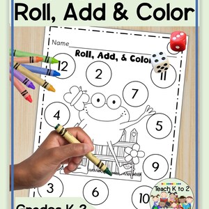 Roll, Add, and Color Dice Game | Math Centers | Homeschool Activity | Instant Download | Addition Fact Practice Sums to 12 | Spring Math