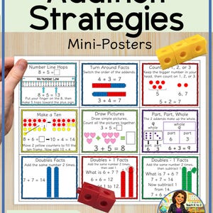 May include: Educational mini-posters for grades 1-2, teaching addition strategies. The posters feature number line hops, turn around facts, counting, drawing pictures, and doubles facts. Includes yellow and red counting blocks.