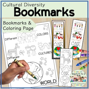 Może przedstawiać: Czarno-biała strona do kolorowania do wydrukowania przedstawiająca mapę świata z napisami "Different Colors Cultures World" oraz ręcznie rysowaną ilustrację dzieci trzymających się za ręce. Strona została zaprojektowana do użycia jako zakładka lub aktywność kolorowania.