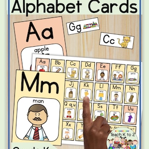 Puede incluir: Tarjetas de alfabeto educativas con palabras clave e imágenes. Las tarjetas muestran letras del alfabeto, cada una emparejada con una imagen y una palabra. La imagen incluye el texto "Keyword & Picture Alphabet Cards", "Grade K" y "Teach K to 2".