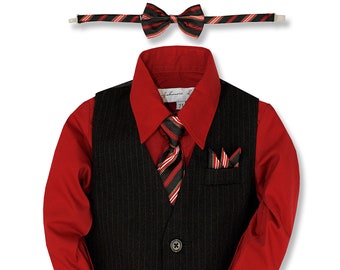 Pinstripe Boys Formal Patriotic Dresswear Vest Set Black/Red