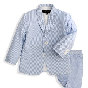 Boys Seersucker Pinstripe 2 Button Jacket and Pants Suit Set in Colors Blue, Natural, Navy Dresswear Sizes From Babies to Teens Blue