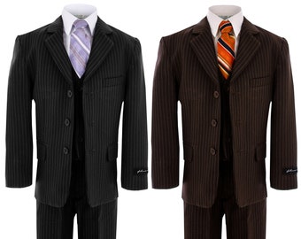 Formal Boys Pinstripe Suit in Colors Black, Brown 5 Piece Dresswear Sizes From Babies to Teens 12M up to 16