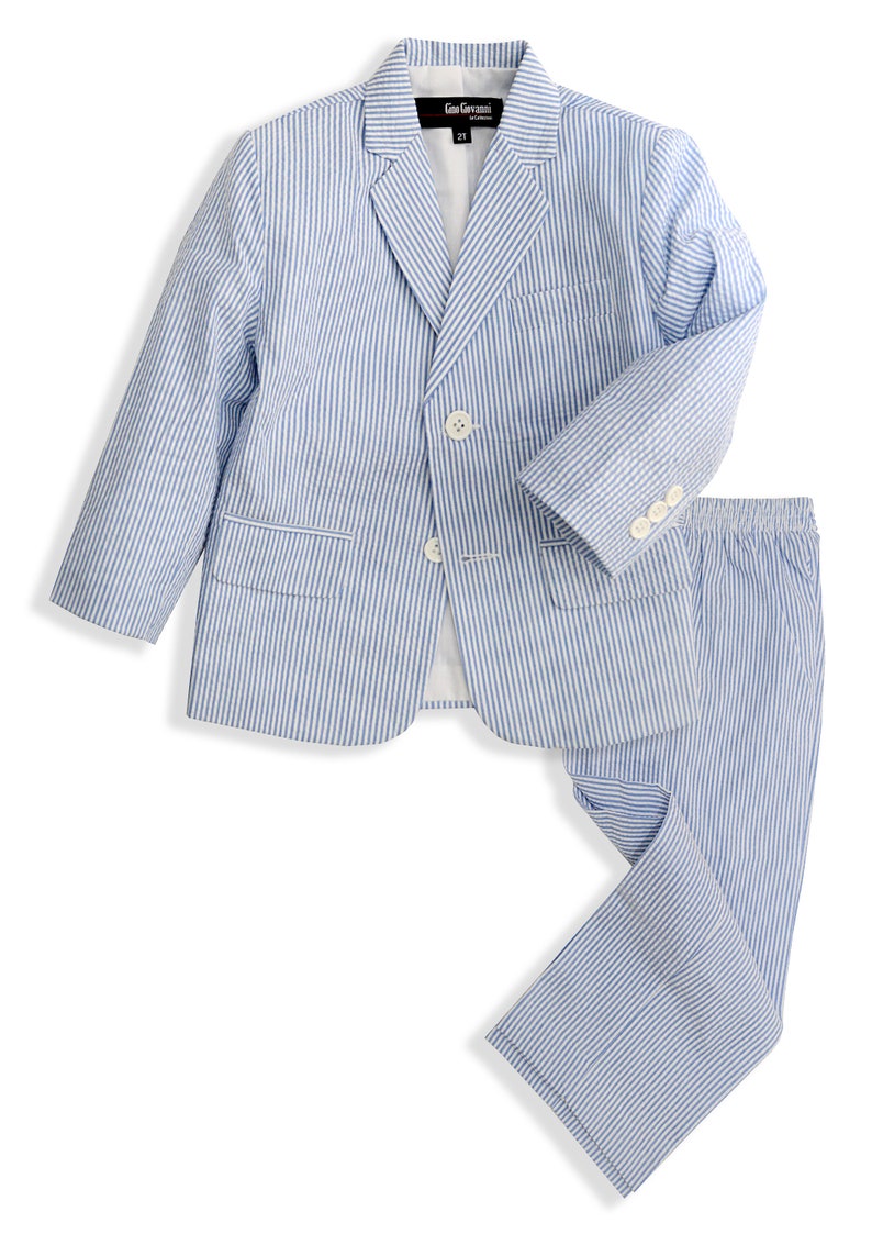 Boys Seersucker Pinstripe 2 Button Jacket and Pants Suit Set in Colors Blue, Natural, Navy Dresswear Sizes From Babies to Teens Blue