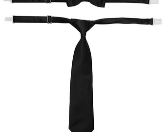 Boys Solid Satin Pre-Tied Long Necktie and Bow Tie Set Babies to Teens Black Royal Blue or Navy Blue Colors