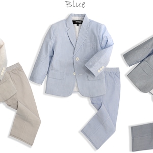 Boys Seersucker Pinstripe 2 Button Jacket and Pants Suit Set in Colors Blue, Natural, Navy Dresswear Sizes From Babies to Teens