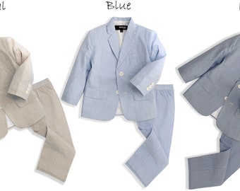 Boys Seersucker Pinstripe 2 Button Jacket and Pants Suit Set in Colors Blue, Natural, Navy Dresswear Sizes From Babies to Teens