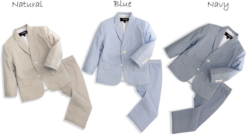 Boys Seersucker Pinstripe 2 Button Jacket and Pants Suit Set in Colors Blue, Natural, Navy Dresswear Sizes From Babies to Teens image 1