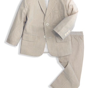 Boys Seersucker Pinstripe 2 Button Jacket and Pants Suit Set in Colors Blue, Natural, Navy Dresswear Sizes From Babies to Teens Natural