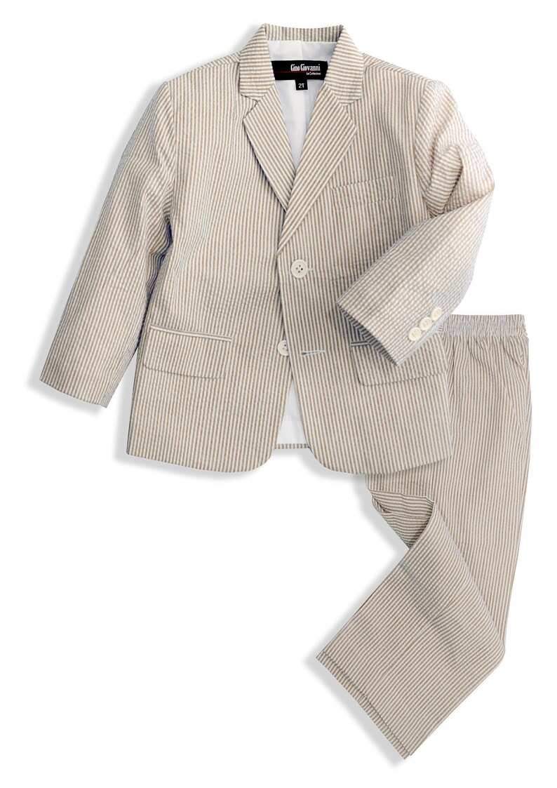 Boys Seersucker Pinstripe 2 Button Jacket and Pants Suit Set in Colors Blue, Natural, Navy Dresswear Sizes From Babies to Teens Natural