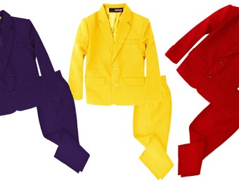 Baby to Teen 2 Piece Formal Suit Set Pants and jacket Colorful and fancy in Purple, Yellow, and Red, Wedding Ring Bearer, 6m-20