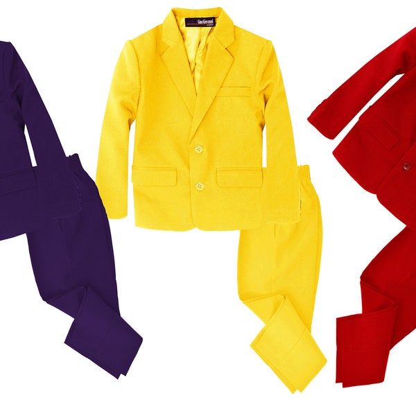 Baby to Teen 2 Piece Formal Suit Set Pants and jacket Colorful and fancy in Purple, Yellow, and Red, Wedding Ring Bearer, 6m-20