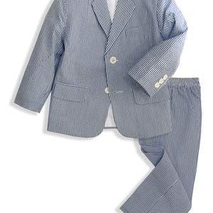 Boys Seersucker Pinstripe 2 Button Jacket and Pants Suit Set in Colors Blue, Natural, Navy Dresswear Sizes From Babies to Teens Navy