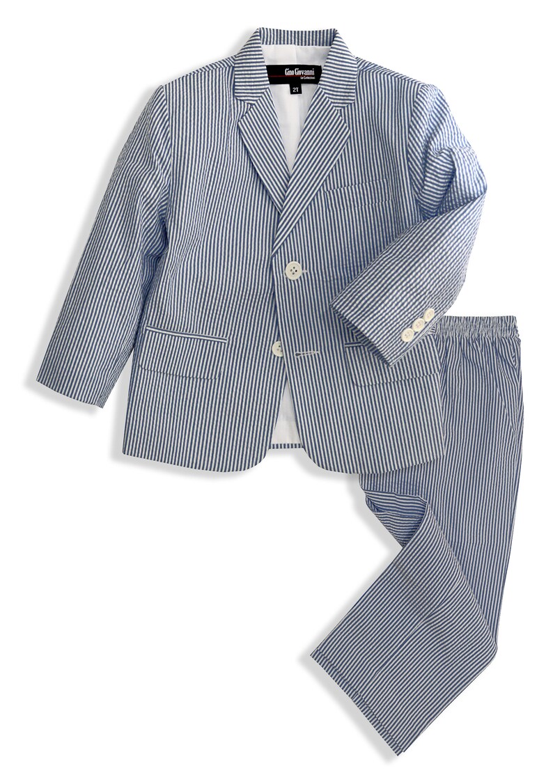 Boys Seersucker Pinstripe 2 Button Jacket and Pants Suit Set in Colors Blue, Natural, Navy Dresswear Sizes From Babies to Teens Navy