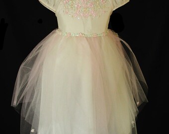 Girls Flower Girl Ivory White Floral Tulle Baby Toddler Easter Holiday Vintage Dress