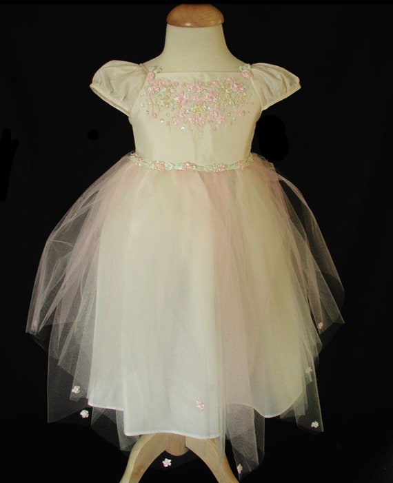 Girls Flower Girl Ivory White Floral Tulle Baby T… - image 1