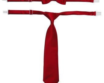 Boys Solid Satin Pre-Tied Long Necktie and Bow Tie Set Babies to Teens Red White or Purple Colors