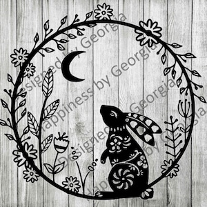 Hare and crescent moon SVG, hare silhouette, wreath, SVG file for Cricut, silhouette for vinyl