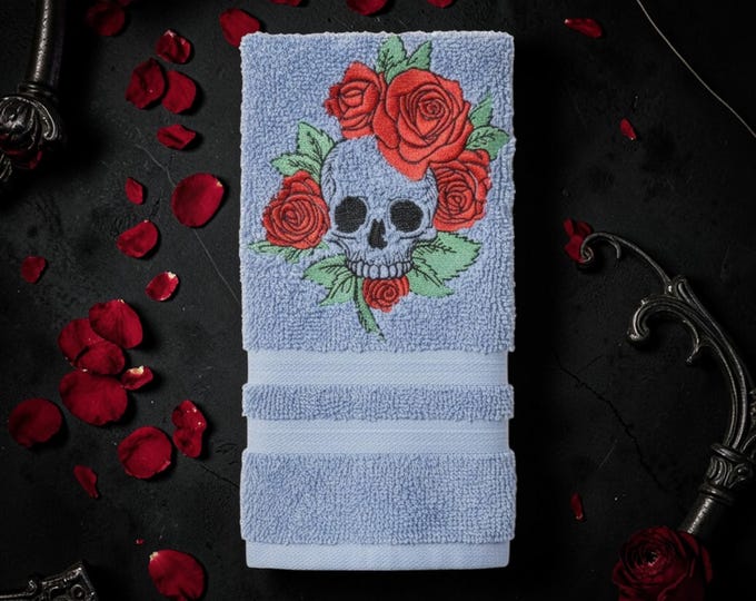 Embroidered Skull and Rose Hand Towel