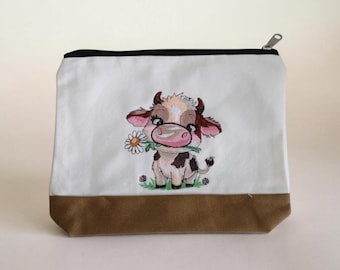 Embroidered small cow Zipper pouch