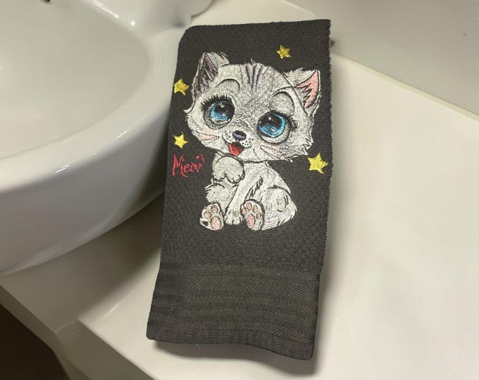 Embroidered Cat Hand Towel