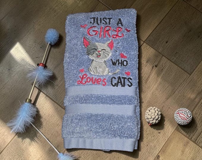 Embroidered Cat Hand Towel, 'Just a Girl Who Loves Cats'