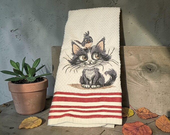 Embroidered Cat Towel, Bird on Head