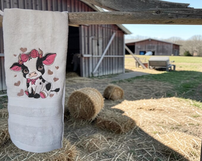 Embroidered Cow Hand Towel