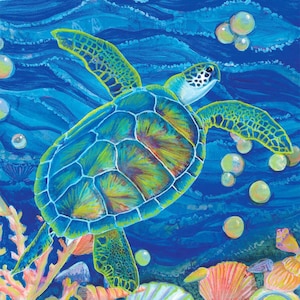 May include: A vibrant green sea turtle swims through a blue and green ocean with colorful seashells and coral on the ocean floor. Bubbles rise from the turtle's mouth.
