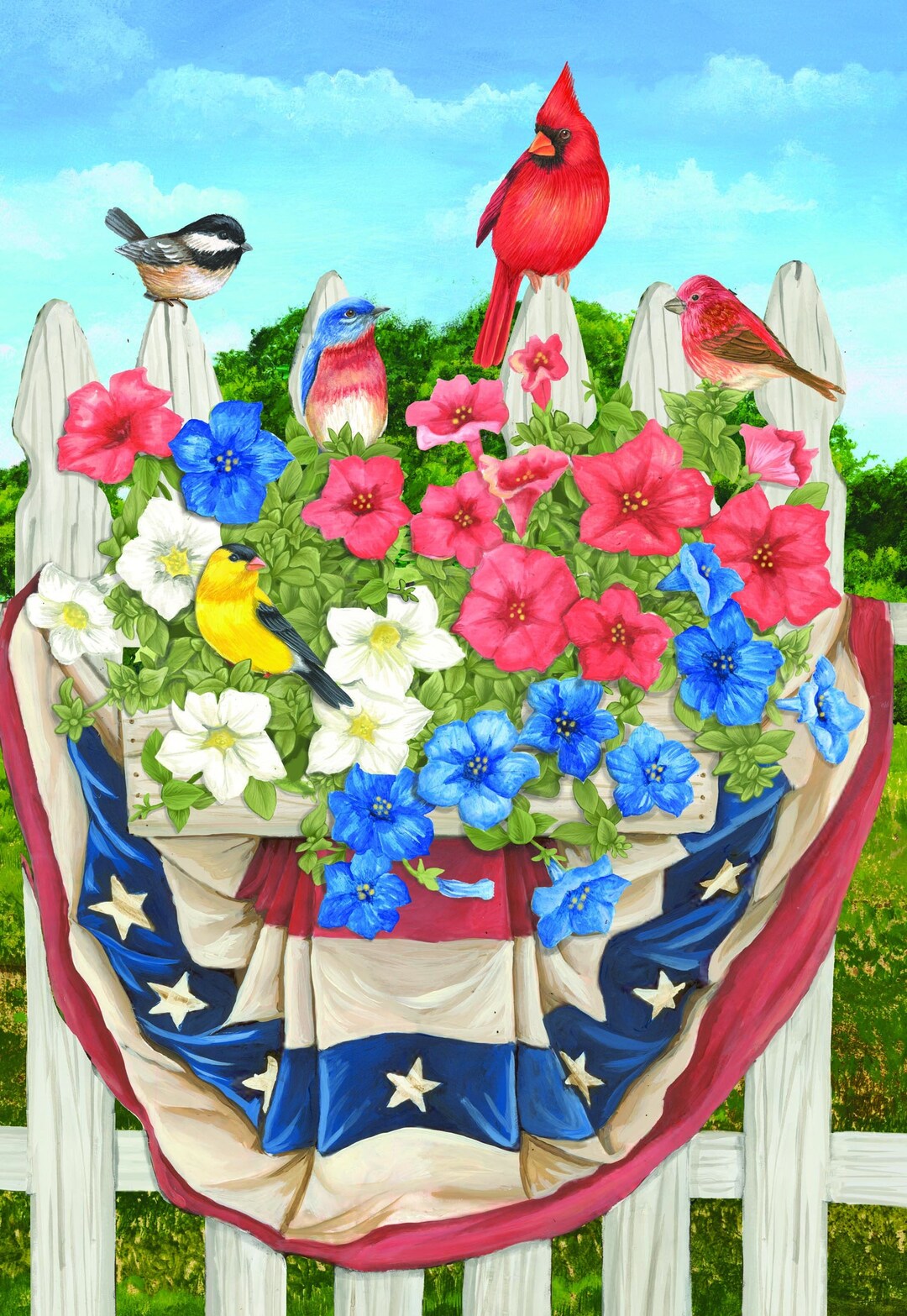 秋山花　「THE 3 BIRDS AND A FLAG」 Mary Lou Troutman, Yard Art, Birds, Buntings, Red, White and Blue