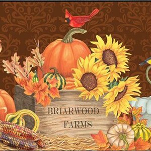 May include: A fall-themed doormat with a wooden crate filled with pumpkins, gourds, and sunflowers. The crate has the text "Briarwood Farms" on the front. There are two cardinals and a yellow bird on the mat.