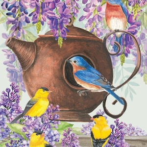May include: A decorative image featuring a copper-colored teapot birdhouse surrounded by purple wisteria and several birds. Two bluebirds and three yellow finches are perched around the teapot and flowers. The artwork has a watercolor style.