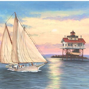 May include: A white sailboat with sails billowing in the wind, sailing towards a red-roofed lighthouse on stilts in the distance. The sky is a soft pink and orange, creating a beautiful sunset scene.