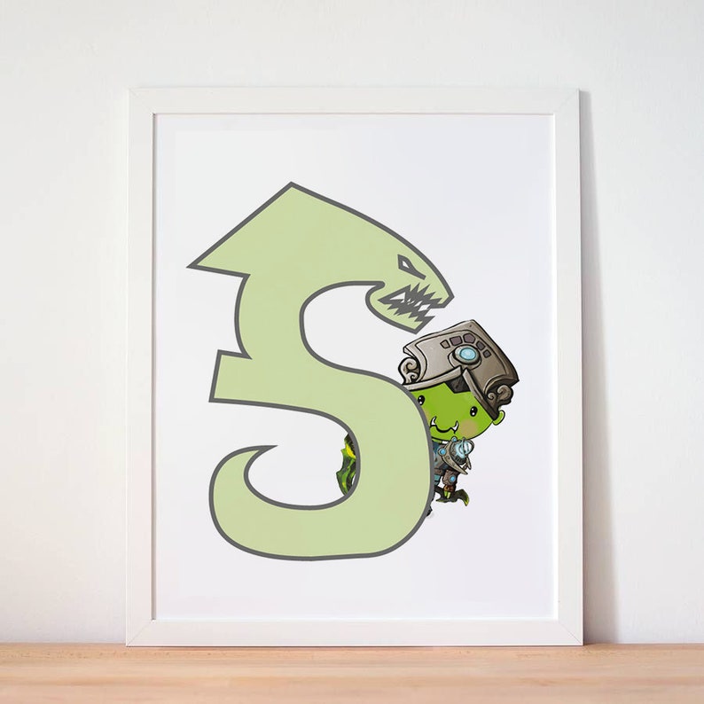 Instant Warcraft Inspired Monogram Letter S Printable Wall Art With Little Orc Decor A4 Digital