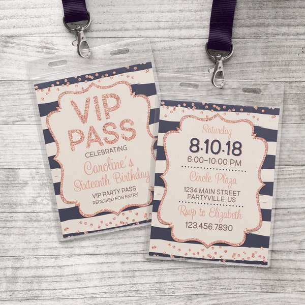 VIP Pass Rose Gold Glitter Lanyard 2 Sides Birthday Invitation