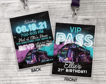 VIP Pass Party Bus Lanyard 2 Sides Birthday Invitation