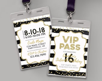 VIP Pass Glitter Lanyard 2 Sides Birthday Invitation