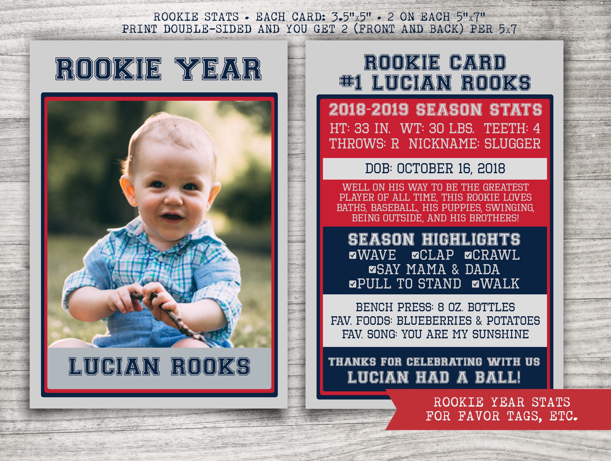 Baseball Rookie Card Stats Favor Tag, Etc.