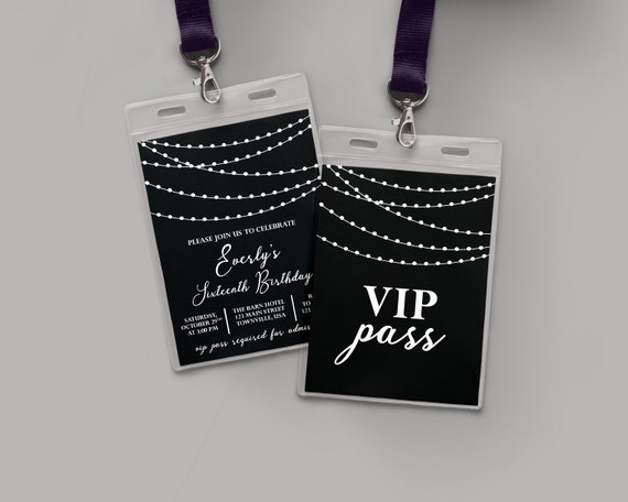 Vip Pass Black And White Lanyard Size Birthday Invitation Etsy