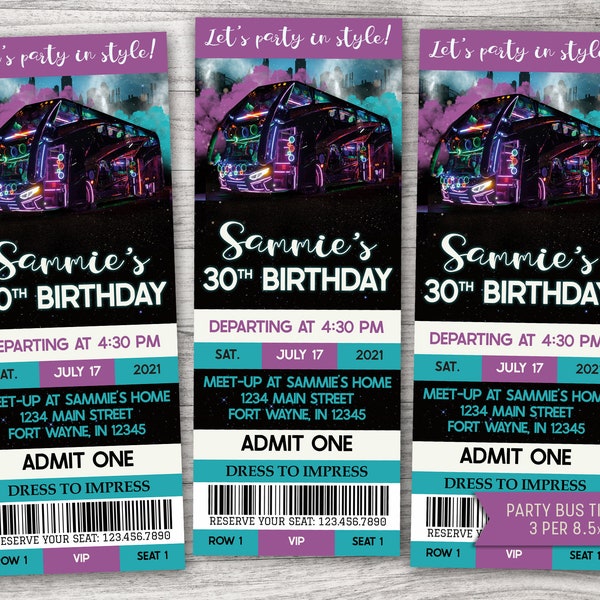 Party Bus Birthday Invitation Ticket