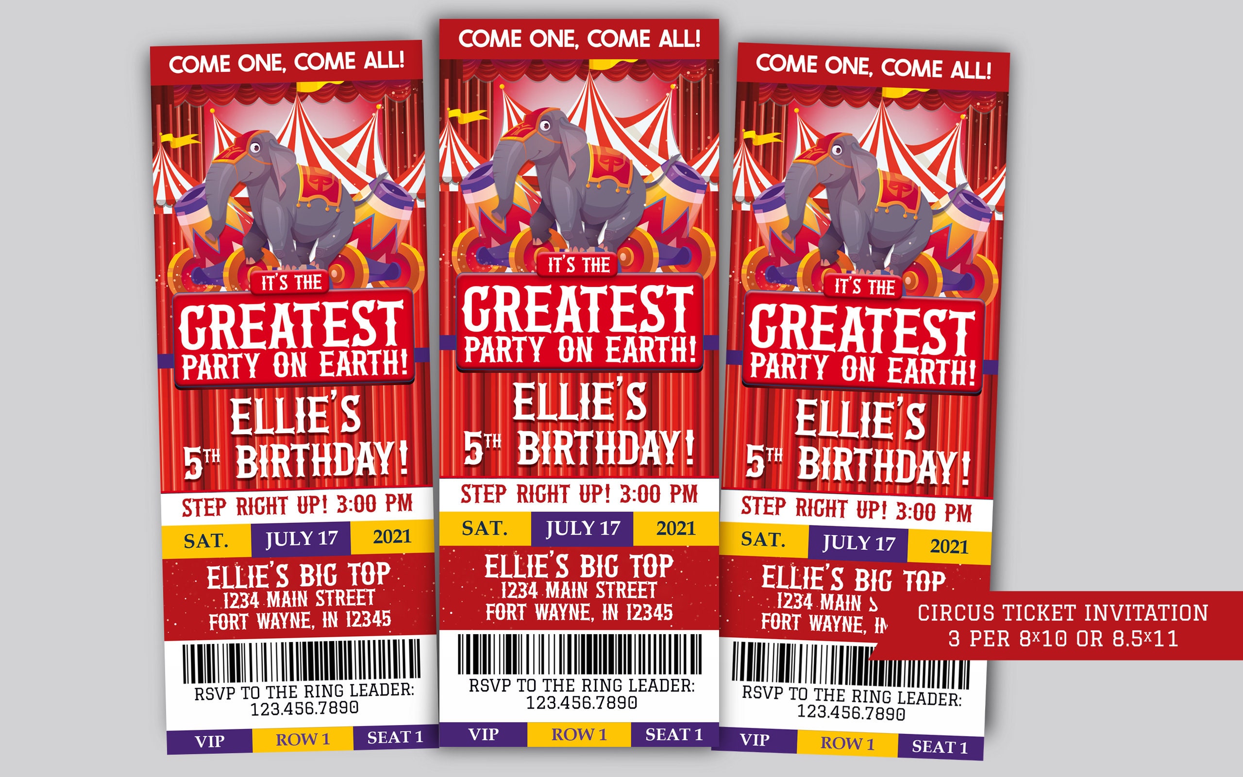 Circus Elephant Ticket Birthday Invitation