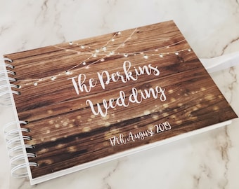 Rustic Wood With Hanging Fairy Lights Custom Personalized Guestbook