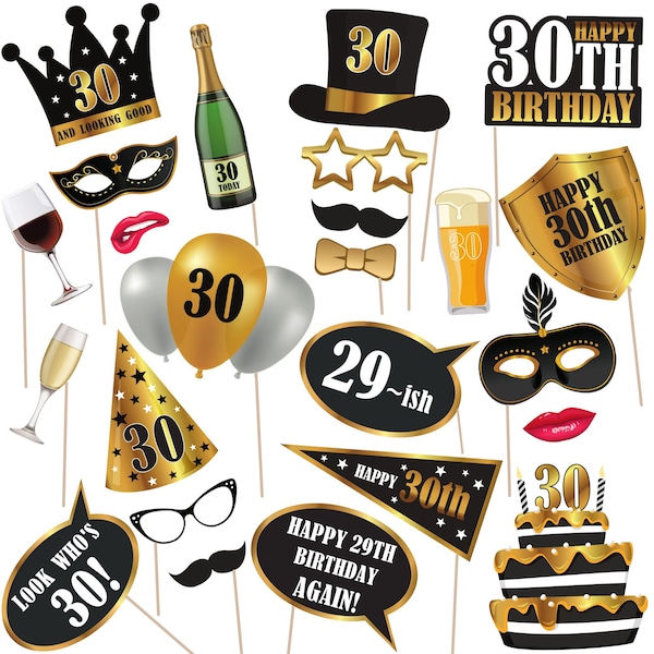 Carte de haute qualité pour 30e anniversaire, accessoires de photomaton sur bâtons. Accessoires de fête du 30e anniversaire