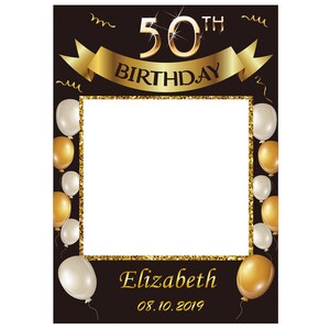 May include: Gold and white photo booth frame with balloons and the text "50th Birthday" and "Elizabeth 08.10.2019".