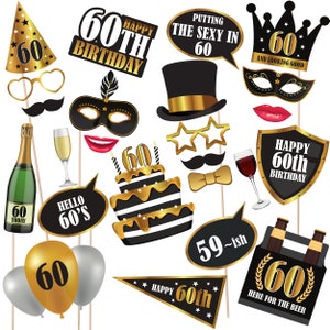 Hochwertige Karte zum 60. Geburtstag mit hohen Photobooth Requisiten auf Sticks. 60 Jahre Geburtstag Party Requisiten