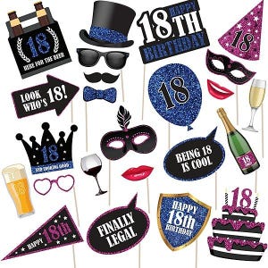 Biglietto di alta qualità per 18° compleanno, accessori per cabine fotografiche su bastoncini. Oggetti di scena per la festa del 18° compleanno